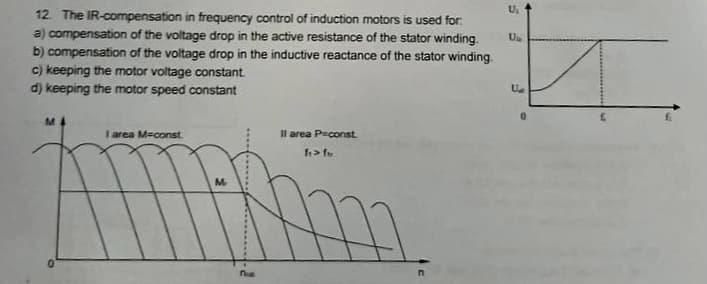 12. The IR-compensation in frequency control of induction motors is used for:
a) compensation of the voltage drop in the active resistance of the stator winding.
b) compensation of the voltage drop in the inductive reactance of the stator winding.
c) keeping the motor voltage constant.
d) keeping the motor speed constant
M
I area M=const.
M
neut
Il area P=const.
fr> fo
U₂
Un
Un