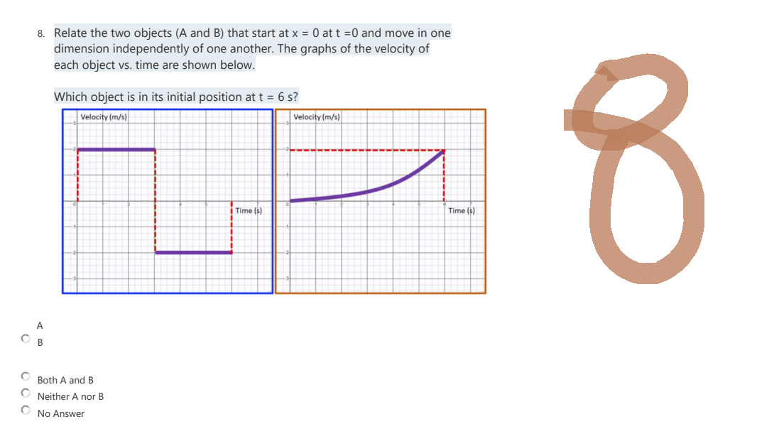 8. Relate the two objects (A and B) that start at x = 0 at t = 0 and move in one
dimension independently of one another. The graphs of the velocity of
each object vs. time are shown below.
Which object is in its initial position at t = 6 s?
Velocity (m/s)
Velocity (m/s)
i Time (s)
A
OB
C
Both A and B
ONeither A nor B
C
No Answer
Time (s)
8