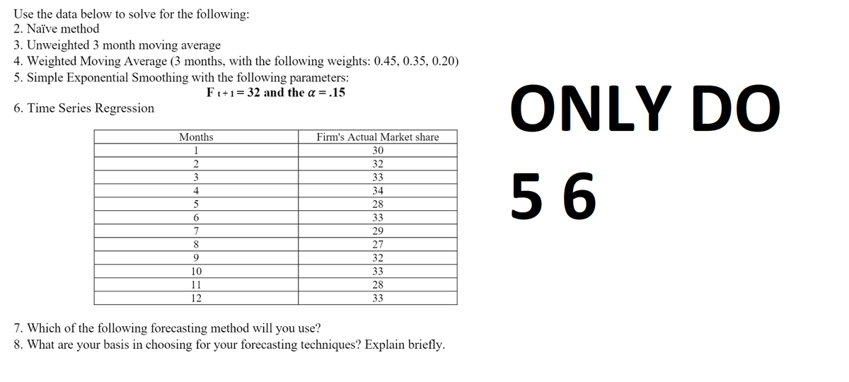 Use the data below to solve for the following:
2. Naïve method
3. Unweighted 3 month moving average
4. Weighted Moving Average (3 months, with the following weights: 0.45, 0.35, 0.20)
5. Simple Exponential Smoothing with the following parameters:
Ft+1=32 and the α = .15
6. Time Series Regression
Months
1
2
3
4
5
6
7
8
9
10
11
12
Firm's Actual Market share
30
32
33
34
28
33
29
27
32
33
28
33
7. Which of the following forecasting method will you use?
8. What are your basis in choosing for your forecasting techniques? Explain briefly.
ONLY DO
56