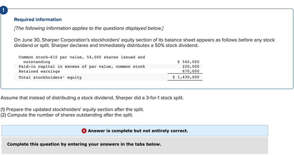 !
Required information
[The following information applies to the questions displayed below.]
On June 30, Sharper Corporation's stockholders' equity section of its balance sheet appears as follows before any stock
dividend or split. Sharper declares and immediately distributes a 50% stock dividend.
Common stock-$10 par value, 54,000 shares issued and
Paid-in capital in excess of par value, common stock
Retained earnings
Total stockholders' equity
outstanding
$ 540,000
220,000
670,000
$ 1,430,000
Assume that instead of distributing a stock dividend, Sharper did a 3-for-1 stock split.
(1) Prepare the updated stockholders' equity section after the split.
(2) Compute the number of shares outstanding after the split.
X Answer is complete but not entirely correct.
Complete this question by entering your answers in the tabs below.