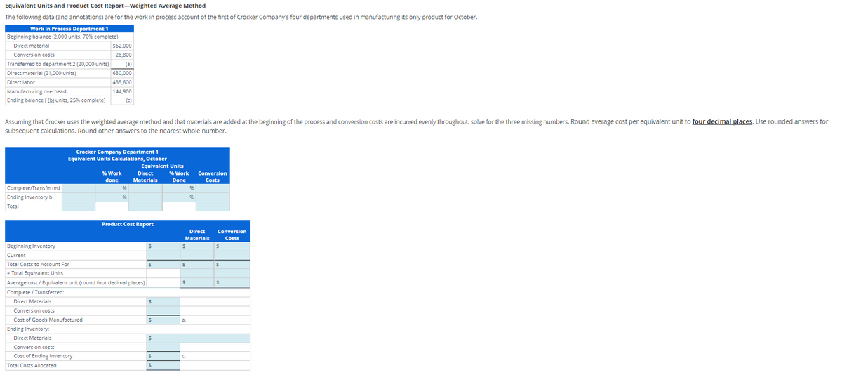 Equivalent Units and Product Cost Report-Weighted Average Method
The following data (and annotations) are for the work in process account of the first of Crocker Company's four departments used in manufacturing its only product for October.
Work in Process-Department 1
Beginning balance (2,000 units, 70% complete)
Direct material
Conversion costs
Transferred to department 2 (20,000 units)
Direct material (21,000 units)
Direct labor
Manufacturing overhead
Ending balance [(b) units, 25% complete]
Assuming that Crocker uses the weighted average method and that materials are added at the beginning of the process and conversion costs are incurred evenly throughout, solve for the three missing numbers. Round average cost per equivalent unit to four decimal places. Use rounded answers for
subsequent calculations. Round other answers to the nearest whole number.
Complete/Transferred
Ending Inventory b.
Total
Beginning Inventory
Current
Conversion costs
Cost of Goods Manufactured
Ending Inventory:
Direct Materials
$62,000
28,800
(a)
630,000
435,600
144,900
(C)
Crocker Company Department 1
Equivalent Units Calculations, October
Conversion costs
Cost of Ending Inventory
Total Costs Allocated
Total Costs to Account For
+ Total Equivalent Units
Average cost / Equivalent unit (round four decimal places)
Complete / Transferred:
Direct Materials
% Work
done
Equivalent Units
Direct
Materials
Product Cost Report
$
$
$
$
$
$
$
% Work
Done
$
Direct
Materials
$
96
$
Conversion
Costs
Conversion
Costs
$
$