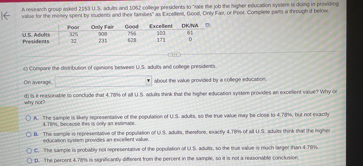 K
A research group asked 2153 U.S. adults and 1062 college presidents to "rate the job the higher education system is doing in providing
value for the money spent by students and their families" as Excellent, Good, Only Fair, or Poor. Complete parts a through d below.
U.S. Adults
Presidents
Poor
325
32
On average,
Only Fair
908
231
Good
756
628
Excellent
103
171
DK/NA
61
0
c) Compare the distribution of opinions between U.S. adults and college presidents.
about the value provided by a college education.
d) Is it reasonable to conclude that 4.78% of all U.S. adults think that the higher education system provides an excellent value? Why or
why not?
OA. The sample is likely representative of the population of U.S. adults, so the true value may be close to 4.78%, but not exactly
4.78%, because this is only an estimate.
OB. The sample is representative of the population of U.S. adults, therefore, exactly 4.78% of all U.S. adults think that the higher
education system provides an excellent value.
OC. The sample is probably not representative of the population of U.S. adults, so the true value is much larger than 4.78%.
OD. The percent 4.78% is significantly different from the percent in the sample, so it is not a reasonable conclusion.