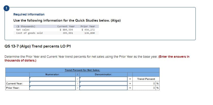Required Information
Use the following information for the Quick Studies below. (Algo)
($ thousands)
Net sales
Prior Year
$ 456,272
136,890
Cost of goods sold
Current Year
$ 804,594
395,991
QS 13-7 (Algo) Trend percents LO P1
Determine the Prior Year and Current Year trend percents for net sales using the Prior Year as the base year. (Enter the answers in
thousands of dollars.)
Current Year:
Prior Year:
Numerator:
Trend Percent for Net Sales:
Denominator:
=
Trend Percent
0%
0%