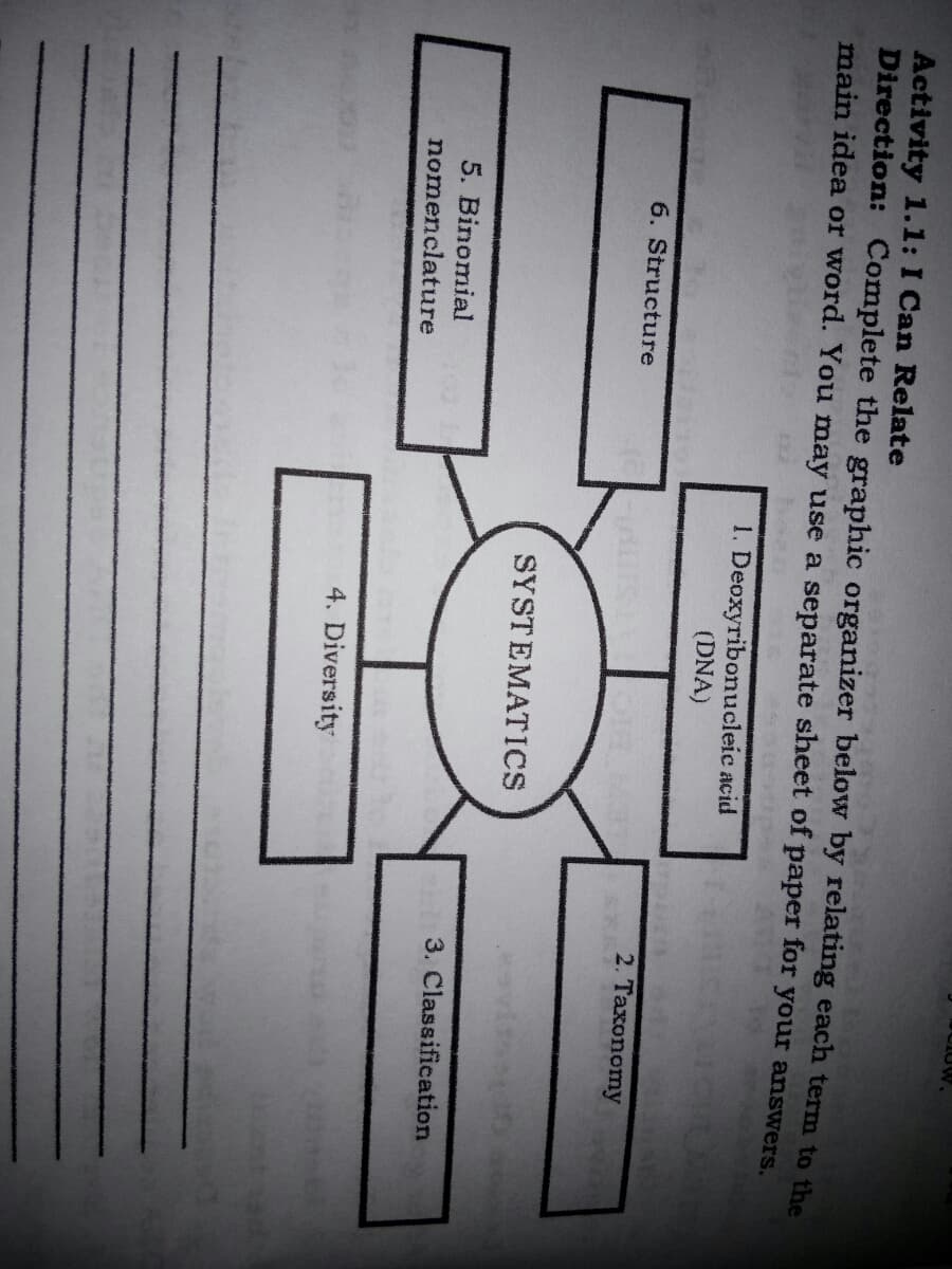 Activity 1.1: I Can Relate
Direction: Complete the graphic organizer below by relating each term to the
main idea or word. You may use a separate sheet of paper for your answers.
1. Deoxyribonucleic acid
(DNA)
6. Structure
2. Taxonomy
SYSTEMATICS
5. Binomial
3. Classification
nomenclature
4. Diversity
