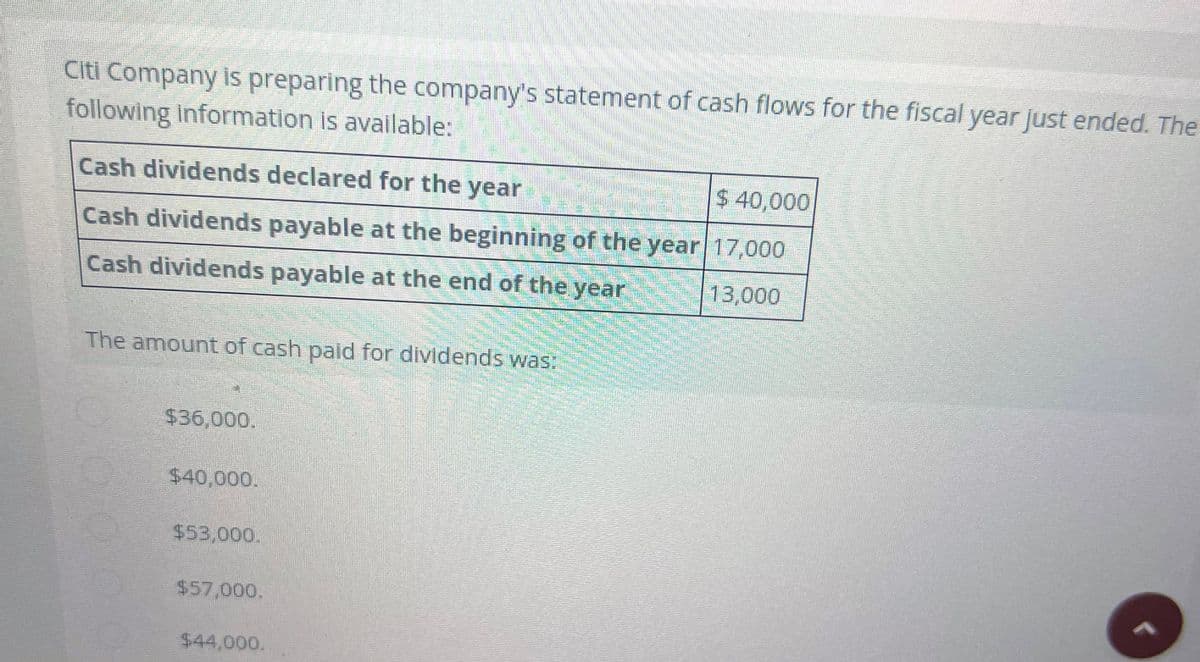 Citi Company is preparing the company's statement of cash flows for the fiscal year just ended. The
following information is available:
Cash dividends declared for the year
$ 40,000
Cash dividends payable at the beginning of the year 17,000
Cash dividends payable at the end of the year
13,000
The amount of cash paid for dividends was:
$36,000.
$40,000.
$53,000.
$57,000.
$44,000.