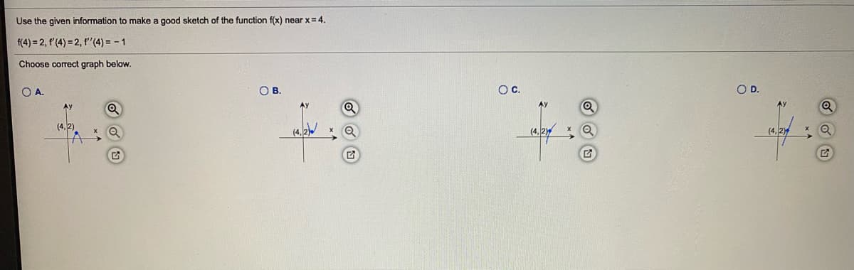 Use the given information to make a good sketch of the function f(x) near x= 4.
f(4) = 2, f'(4) = 2, f"(4) = - 1
Choose correct graph below.
O A.
OB.
Oc.
OD.
Ay
AV
(4, 2)
(4, 2
(4, 2)
(4, 2)
