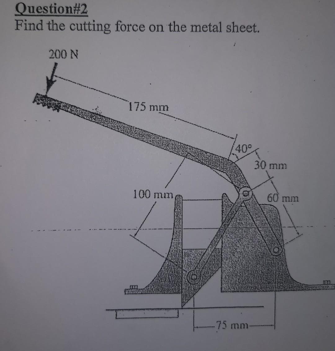 Question#2
Find the cutting force on the metal sheet.
200 N
175 mm
40°
30 mm
100 mm
60 mm
-75mm
