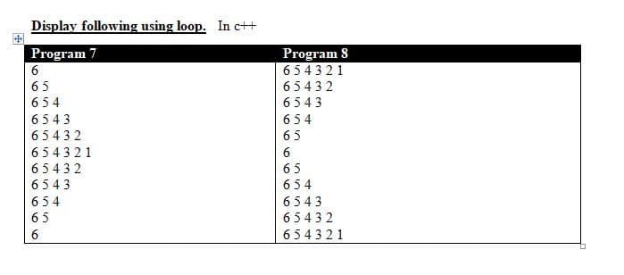 Display following using loop. In c++
Program 8
6543 21
6543 2
Program 7
6
65
654
6543
6543
654
65432
65
654321
6
65432
65
6543
654
654
6543
65
65432
6
654321
