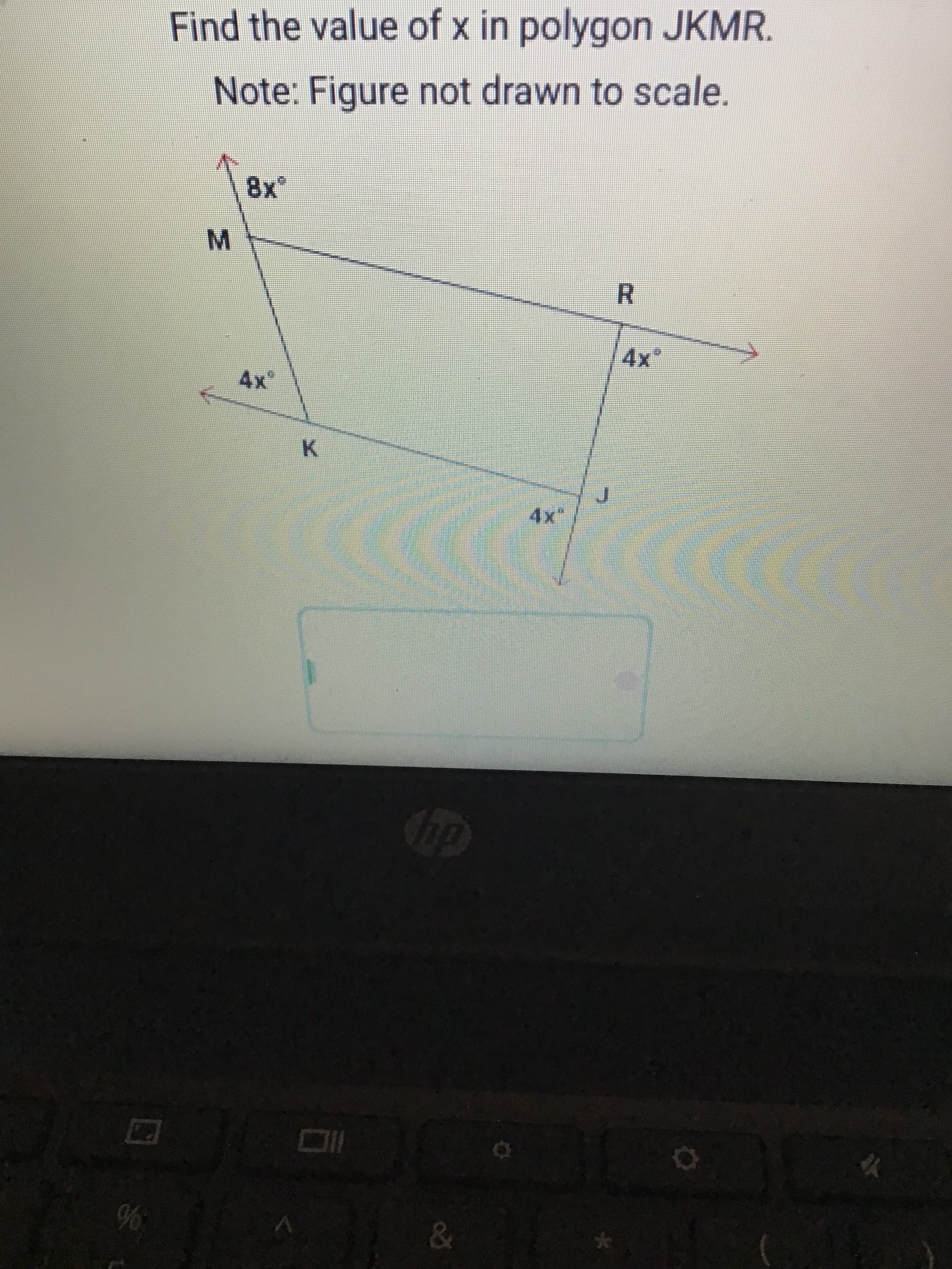 Cip
K.
J.
M.
Note: Figure not drawn to scale.
Find the value of x in polygon JKMR.
