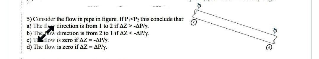 5) Consider the flow in pipe in figure. If P₁<P₂ this conclude that:
(11)
a) The fl direction is from 1 to 2 if AZ > -AP/y.
b) The how direction is from 2 to 1 if AZ <-AP/y.
c) T flow is zero if AZ = -AP/y.
d) The flow is zero if AZ = AP/y.
to
Q