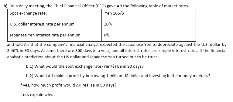 In a daily meeting, the Chief Financial Officer (CFO) gave Ari the following table of market rates
Spot exchange rate:
Yen 106/$
U.S. dollar interest rate per annum
10%
Japanese Yen interest rate per annum
6%
and told Ari that the company's financial analyst expected the Japanese Yen to depreciate against the U.S. dollar by
3.46% in 90 days. Assume there are 360 days in a year, and all interest rates are simple interest rates. If the financial
analyst's prediction about the US dollar and Japanese Yen turned out to be true:
b.1) What would the spot exchange rate (Yen/$) be in 90 days?
b.2) Would Ari make a profit by borrowing 1 million US dollar and investing in the money markets?
If yes, how much profit would Ari realize in 90 days?
If no, explain why.
