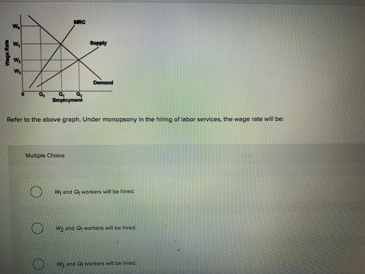 MRC
W,
Supply
W,
Demand
Q,
Q2
Employment
Refer to the above graph. Under monopsony in the hiring of labor services, the wage rate will be:
Multiple Choice
W, and Q workers will be hired.
W, and Q workers will be hired.
W3 and Q workers will be hired.
Wage Rate
