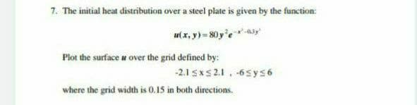 7. The initial heat distribution over a steel plate is given by the function:
u(x, y) = 80y'e-ay
Plot the surface u over the grid defined by:
-2.1 SxS 2.1, -6sys6
where the grid width is 0.15 in both directions.
