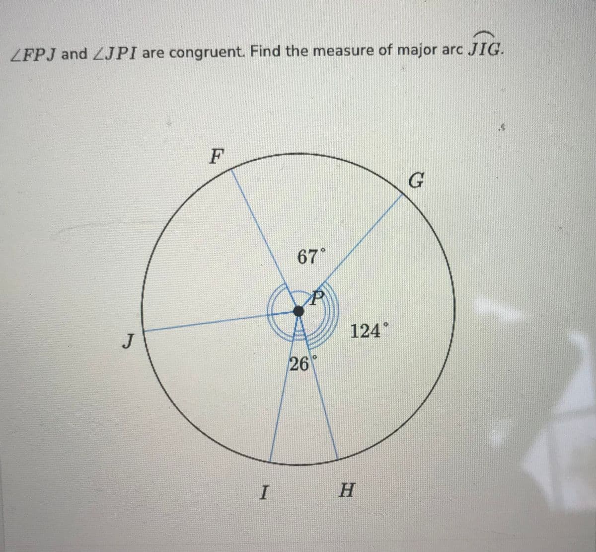 LFPJ and LJPI are congruent. Find the measure of major arc JIG.
J
F
I
67°
P
26
124
H
G