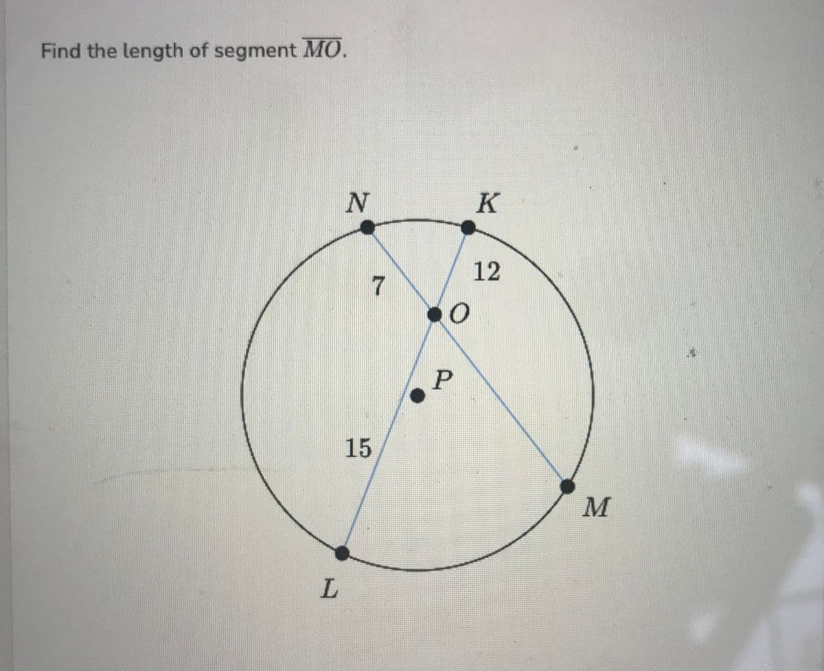 Find the length of segment MO.
L
N
15
7
0
P
K
12
M