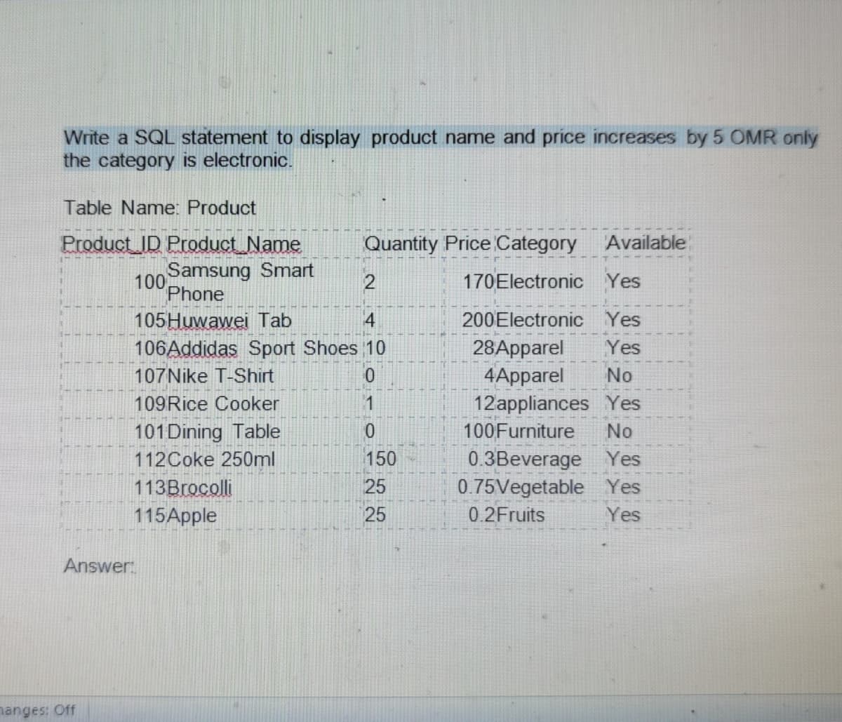 Write a SQL statement to display product name and price increases by 5 OMR only
the category is electronic.
Table Name: Product
Product_ID Product_Name
Quantity Price Category Available
Samsung Smart
100
Phone
2
170Electronic Yes
105Huwawei Tab
4
200Electronic Yes
28Apparel
4Apparel
106Addidas Sport Shoes 10
Yes
107Nike T-Shirt
No
109Rice Cooker
1
12appliances Yes
101Dining Table
112Coke 250ml
113Brocolli
115Apple
100Furniture
No
0.3Beverage Yes
0.75Vegetable Yes
150
25
25
0.2Fruits
Yes
Answer:
nanges: Off
