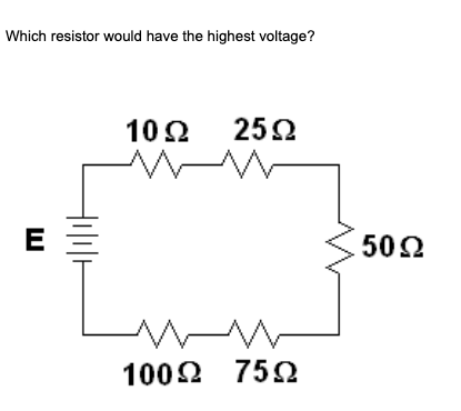 Which resistor would have the highest voltage?
10Ω 25Ω
E
502
1002 752
