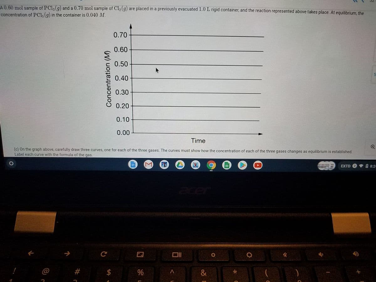 A 0.60 mol sample of PCI3 (g) and a 0.70 mol sample of Cl2 (g) are placed in a previously evacuated 1.0 L rigid container, and the reaction represented above takes place. At equilibrium, the
concentration of PCl; (g) in the container is 0.040 M.
0.70
0.60
0.50
0.40
0.30
0.20
0.10
0.00
Time
(c) On the graph above, carefully draw three curves, one for each of the three gases. The curves must show how the concentration of each of the three gases changes as equilibrium is established.
Label each curve with the formula of the gas.
国
EXTD
回 8:2-
acer
@
&
田
%24
Concentration (M)
