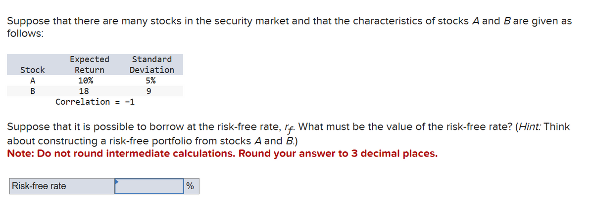 Suppose that there are many stocks in the security market and that the characteristics of stocks A and B are given as
follows:
Stock
A
B
Expected
Return
10%
Standard
Deviation
5%
9
18
Correlation = -1
Risk-free rate
Suppose that it is possible to borrow at the risk-free rate, rf. What must be the value of the risk-free rate? (Hint: Think
about constructing a risk-free portfolio from stocks A and B.)
Note: Do not round intermediate calculations. Round your answer to 3 decimal places.
%