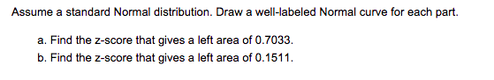 Assume a standard Normal distribution. Draw a well-labeled Normal curve for each part.
a. Find the z-score that gives a left area of 0.7033.
b. Find the z-score that gives a left area of 0.1511.
