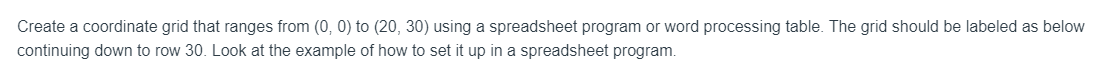 Create a coordinate grid that ranges from (0, 0) to (20, 30) using a spreadsheet program or word processing table. The grid should be labeled as below
continuing down to row 30. Look at the example of how to set it up in a spreadsheet program.
