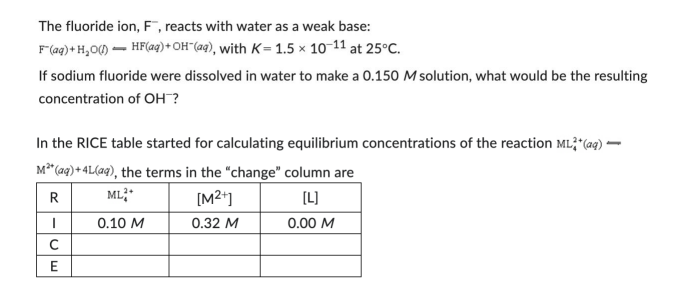 The fluoride ion, F, reacts with water as a weak base:
F (aq) + H₂O(1) HF (aq) + OH-(aq), with K=1.5 × 10-11 at 25°C.
If sodium fluoride were dissolved in water to make a 0.150 M solution, what would be the resulting
concentration of OH?
In the RICE table started for calculating equilibrium concentrations of the reaction ML2+ (aq) →
M²+ (aq) + 4L(aq), the terms in the "change" column are
R
ML2+
[M²+]
[L]
I
0.10 M
0.32 M
0.00 M
CE
с