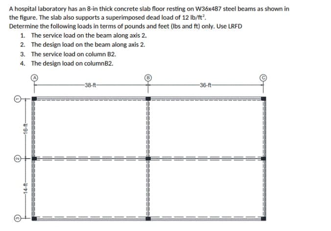 A hospital laboratory has an 8-in thick concrete slab floor resting on W36x487 steel beams as shown in
the figure. The slab also supports a superimposed dead load of 12 lb/ft².
Determine the following loads in terms of pounds and feet (lbs and ft) only. Use LRFD
1. The service load on the beam along axis 2.
2. The design load on the beam along axis 2.
3. The service load on column B2.
4. The design load on columnB2.
16-ft-
14-ft-
ANNE KANNADA KAN
-38-ft-
AKAGAMES SENT
*********
-36-ft-
- -