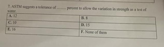 7. ASTM suggests a tolerance of... percent to allow the variation in strength as a test of
....w.
water.
A. 12
В. 8
C. 10
D. 15
E. 16
F. None of them
