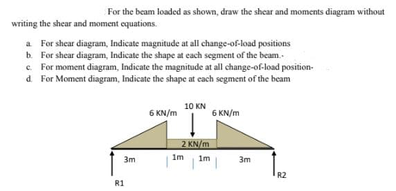 For the beam loaded as shown, draw the shear and moments diagram without
writing the shear and moment equations.
a. For shear diagram, Indicate magnitude at all change-of-load positions
b. For shear diagram, Indicate the shape at each segment of the beam..
c. For moment diagram, Indicate the magnitude at all change-of-load position-
d. For Moment diagram, Indicate the shape at each segment of the beam
10 KN
6 KN/m
6 KN/m
2 KN/m
1m
I 1
R2
3m
R1
1m
3m