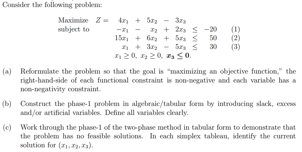 Consider the following problem:
Maximize Z
subject to
4.x1 + 5x2
3x3
+ 2x3
15х1 + 622 + 523
5x3 <
(1)
(2)
(3)
-x1
X2
-20
50
X1
+ 3x2
30
Xı > 0, x2 > 0, æ3 < 0.
(a) Reformulate the problem so that the goal is "maximizing an objective function," the
right-hand-side of each functional constraint is non-negative and each variable has a
non-negativity constraint.
(b) Construct the phase-1 problem in algebraic/tabular form by introducing slack, excess
and/or artificial variables. Define all variables clearly.
(c) Work through the phase-1 of the two-phase method in tabular form to demonstrate that
the problem has no feasible solutions. In each simplex tableau, identify the current
solution for (x1, x2, X3).
VI VI VI
