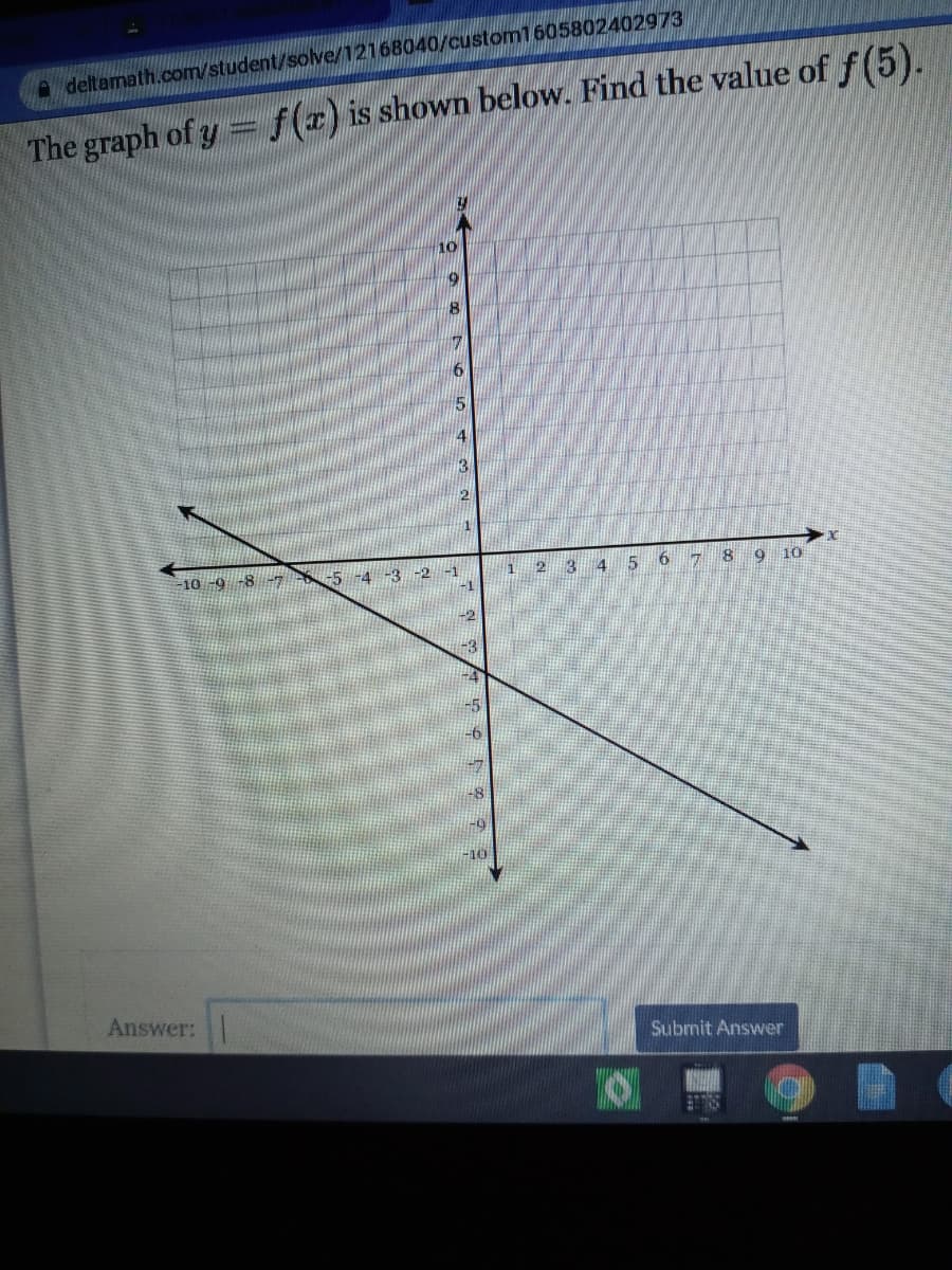 A deltamath.com/student/solve/12168040/custom1605802402973
The graph of y= f(r) is shown below. Find the value of f(5).
10-9 -8
2 3
4
5
10
-5 -4
-3 -2
-1
Answer:
Submit Answer
