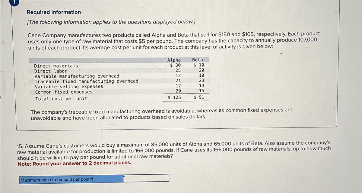 Required information
[The following information applies to the questions displayed below.]
Cane Company manufactures two products called Alpha and Beta that sell for $150 and $105, respectively. Each product
uses only one type of raw material that costs $5 per pound. The company has the capacity to annually produce 107,000
units of each product. Its average cost per unit for each product at this level of activity is given below:
Direct materials
Direct labor
Variable manufacturing overhead
Traceable fixed manufacturing overhead
Variable selling expenses
Common fixed expenses
Total cost per unit
Alpha
$ 30
25
12
21
17
20
$ 125
Beta
$ 10
20
10
23
13
15
$ 91
The company's traceable fixed manufacturing overhead is avoidable, whereas its common fixed expenses are
unavoidable and have been allocated to products based on sales dollars.
Maximum price to be paid per pound
15. Assume Cane's customers would buy a maximum of 85,000 units of Alpha and 65,000 units of Beta. Also assume the company's
raw material available for production is limited to 166,000 pounds. If Cane uses its 166,000 pounds of raw materials, up to how much
should it be willing to pay per pound for additional raw materials?
Note: Round your answer to 2 decimal places.