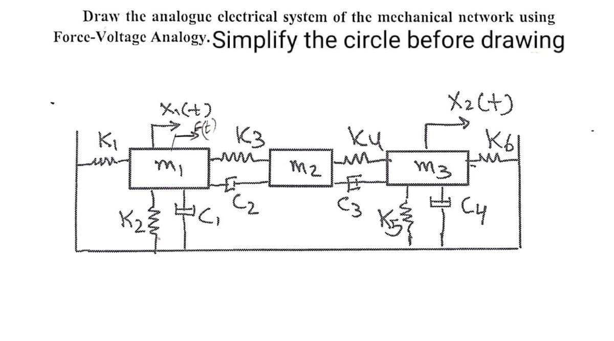 Draw the analogue electrical system of the mechanical network using
Force-Voltage Analogy. Simplify the circle before drawing
K₁
mi
K₂3
f(t)
13
pum
(₂
(2
M2
ки
m
C3
X2 (+)
кы
M3
C4