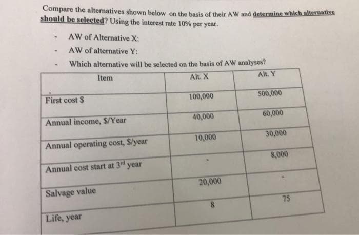 Compare the alternatives shown below on the basis of their AW and determine which alternative
should be selected? Using the interest rate 10% per year.
-
AW of Alternative X:
AW of alternative Y:
Which alternative will be selected on the basis of AW analyses?
Item
Alt. X
Alt. Y
First cost $
Annual income, S/Year
Annual operating cost, S/year
Annual cost start at 3rd year
Salvage value
Life, year
100,000
40,000
10,000
20,000
8
500,000
60,000
30,000
8,000
75