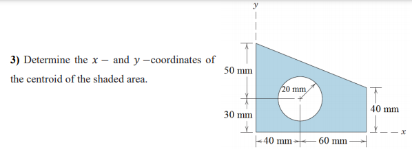 3) Determine the x – and y -coordinates of
50 mm
the centroid of the shaded area.
20 mm
40 mm
30 mm
40 mm
-60 mm
