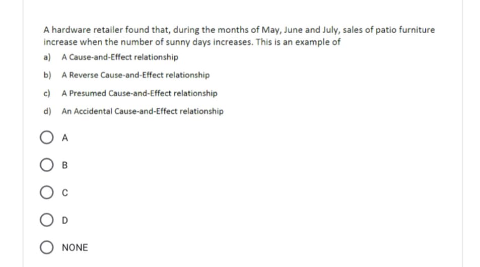 A hardware retailer found that, during the months of May, June and July, sales of patio furniture
increase when the number of sunny days increases. This is an example of
a) A Cause-and-Effect relationship
b) A Reverse Cause-and-Effect relationship
c) A Presumed Cause-and-Effect relationship
d) An Accidental Cause-and-Effect relationship
O A
O D
O NONE
