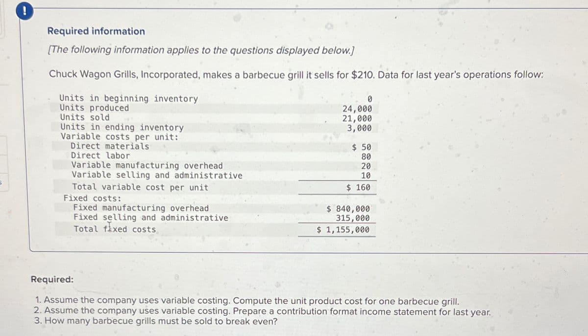 5
Required information
[The following information applies to the questions displayed below.]
Chuck Wagon Grills, Incorporated, makes a barbecue grill it sells for $210. Data for last year's operations follow:
Units in beginning inventory
Units produced
Units sold
Units in ending inventory
Variable costs per unit:
Direct materials
Direct labor
Variable manufacturing overhead
Variable selling and administrative
Total variable cost per unit
Fixed costs:
Fixed manufacturing overhead
Fixed selling and administrative
Total fixed costs
0
24,000
21,000
3,000
$ 50
80
20
10
$ 160
$ 840,000
315,000
$ 1,155,000
Required:
1. Assume the company uses variable costing. Compute the unit product cost for one barbecue grill.
2. Assume the company uses variable costing. Prepare a contribution format income statement for last year.
3. How many barbecue grills must be sold to break even?