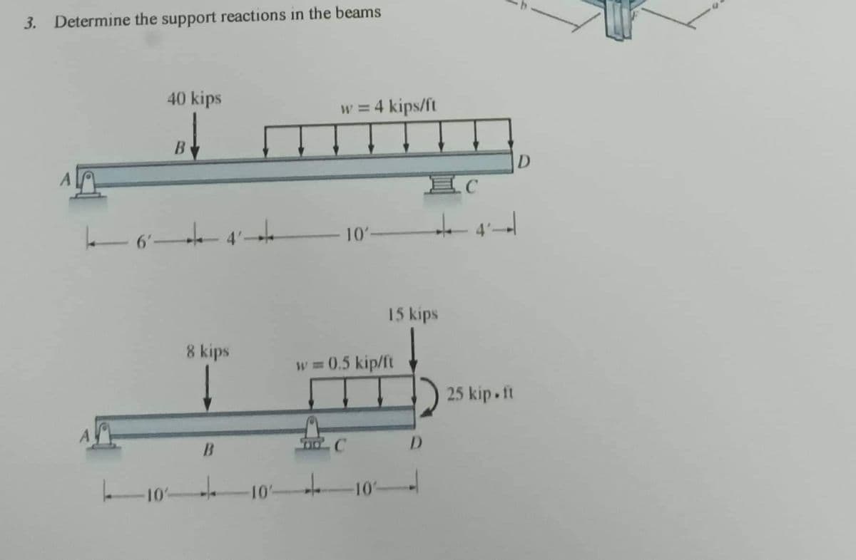 3. Determine the support reactions in the beams
40 kips
6'-
| 6²4²4
B
-10%
8 kips
B
-10%
w = 4 kips/ft
10'
w == 0.5 kip/ft
C
10-
15 kips
EC
D
25 kip.ft
D