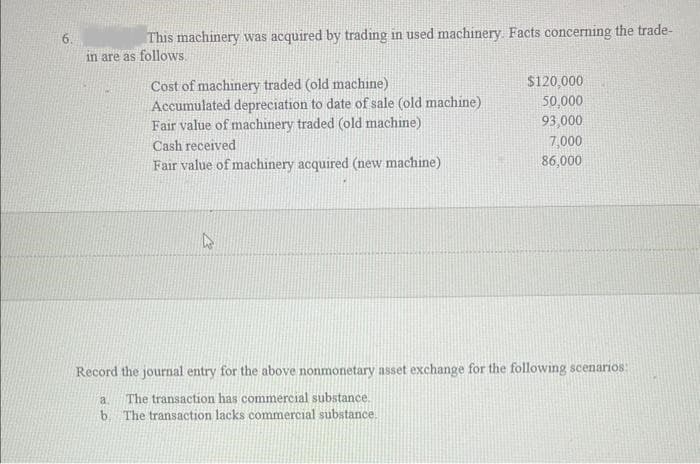 6.
This machinery was acquired by trading in used machinery. Facts concerning the trade-
in are as follows.
Cost of machinery traded (old machine)
Accumulated depreciation to date of sale (old machine)
Fair value of machinery traded (old machine)
Cash received
Fair value of machinery acquired (new machine)
$120,000
50,000
93,000
7,000
86,000
Record the journal entry for the above nonmonetary asset exchange for the following scenarios:
a.
The transaction has commercial substance.
b. The transaction lacks commercial substance.