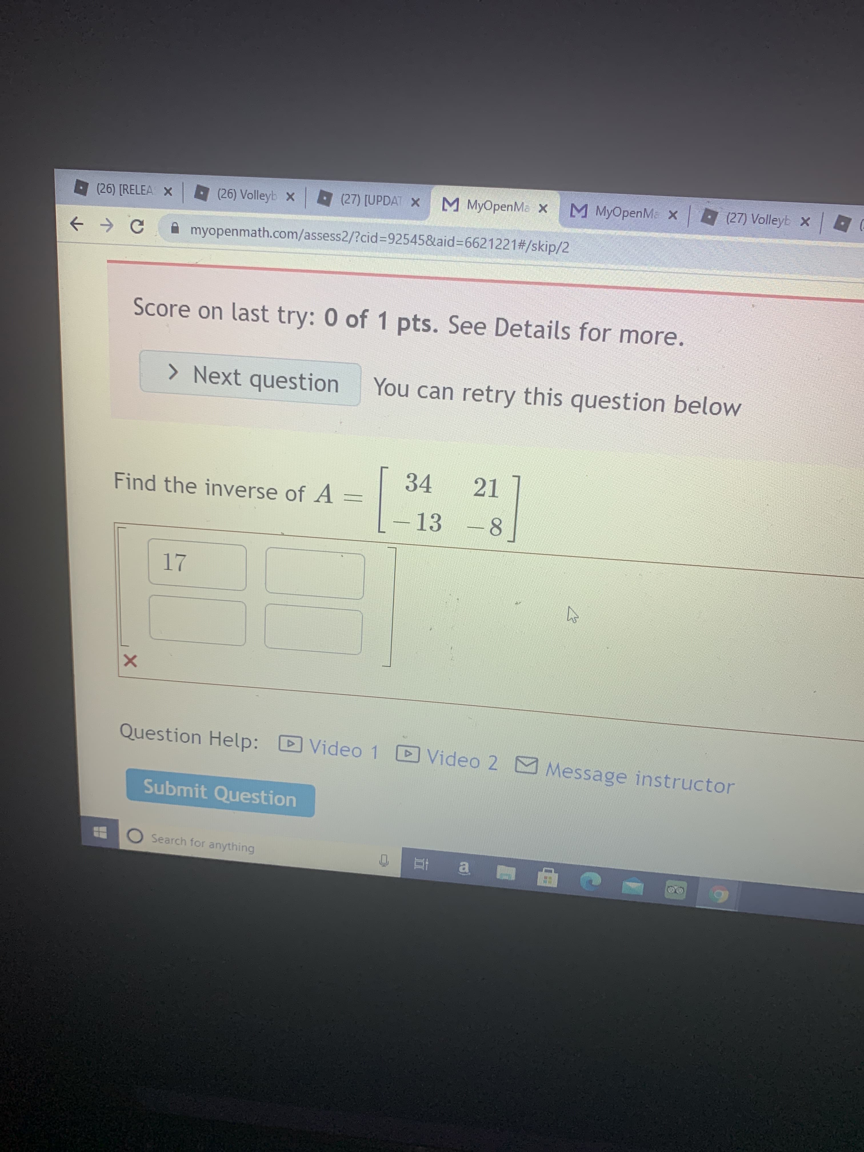 Find the inverse of A =
34
21
-13
- 13 -8
17
