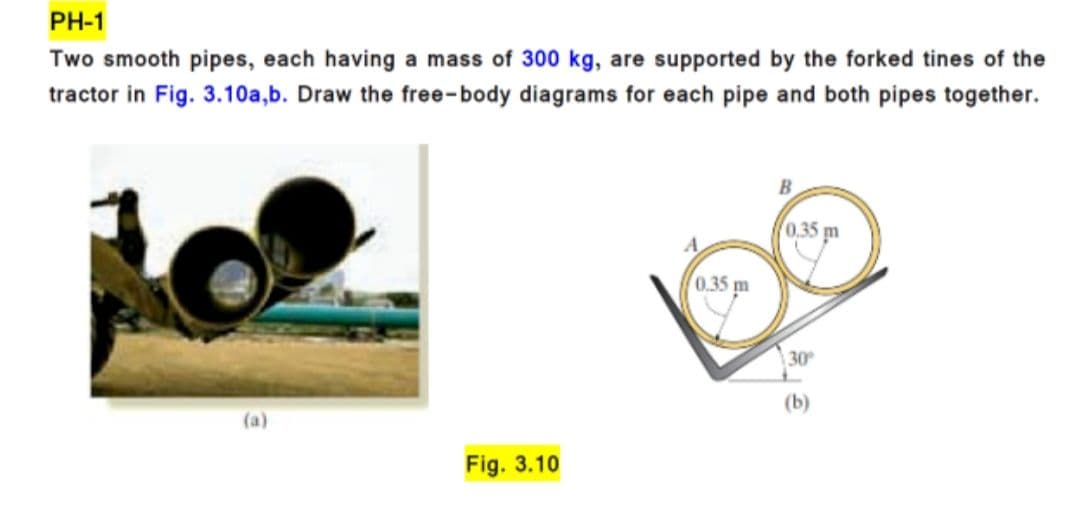 PH-1
Two smooth pipes, each having a mass of 300 kg, are supported by the forked tines of the
tractor in Fig. 3.10a,b. Draw the free-body diagrams for each pipe and both pipes together.
0,35
0.35 m
30
(b)
(a)
Fig. 3.10
