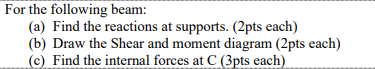 For the following beam:
(a) Find the reactions at supports. (2pts each)
(b) Draw the Shear and moment diagram (2pts each)
(c) Find the internal forces at C (3pts each)