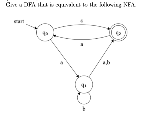 Give a DFA that is equivalent to the following NFA.
start
90
92
a
a
a,b
91
b
