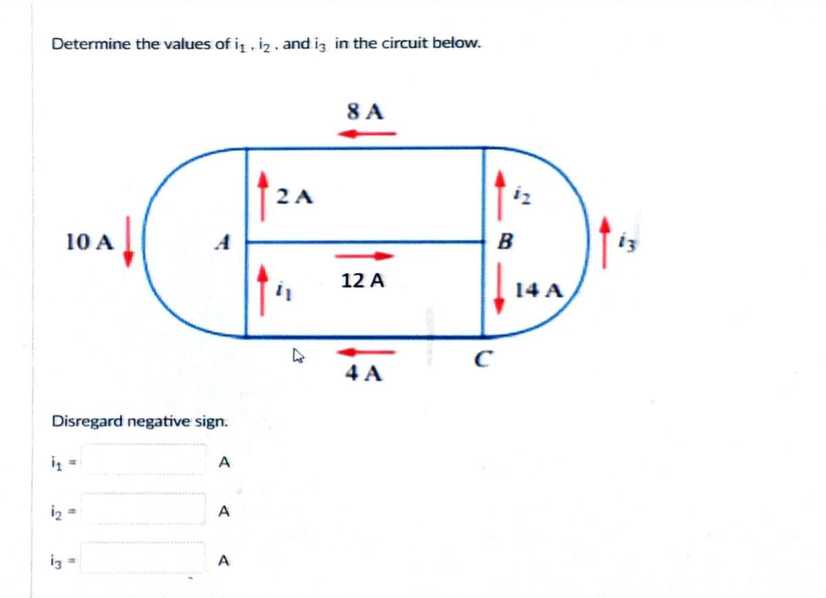 Determine the values of i₁, 2, and is in the circuit below.
8 A
2 A
10 A
B
Disregard negative sign.
1₂
A
12
A
13
A
R
10
12 A
4 A
C
14 A