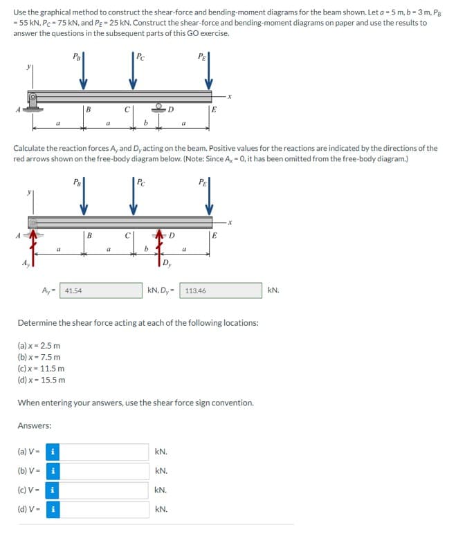 Use the graphical method to construct the shear-force and bending-moment diagrams for the beam shown. Let a -5 m, b = 3 m, Pg
- 55 kN, Pc-75 kN, and PE - 25 kN. Construct the shear-force and bending-moment diagrams on paper and use the results to
answer the questions in the subsequent parts of this GO exercise.
a
Ay= 41.54
Answers:
a
B
(a) V- i
(b) V=
(c) V= i
(d) V- i
i
a
Calculate the reaction forces A, and Dy acting on the beam. Positive values for the reactions are indicated by the directions of the
red arrows shown on the free-body diagram below. (Note: Since Ax = 0, it has been omitted from the free-body diagram.)
B
C
a
b
C
Pc
b
D
Dy
D
kN, Dy= 113.46
kN.
a
Determine the shear force acting at each of the following locations:
(a) x = 2.5 m
(b) x-7.5 m
(c) x = 11.5 m
(d) x = 15.5 m
kN.
When entering your answers, use the shear force sign convention.
kN.
a
kN.
E
E
x
kN.