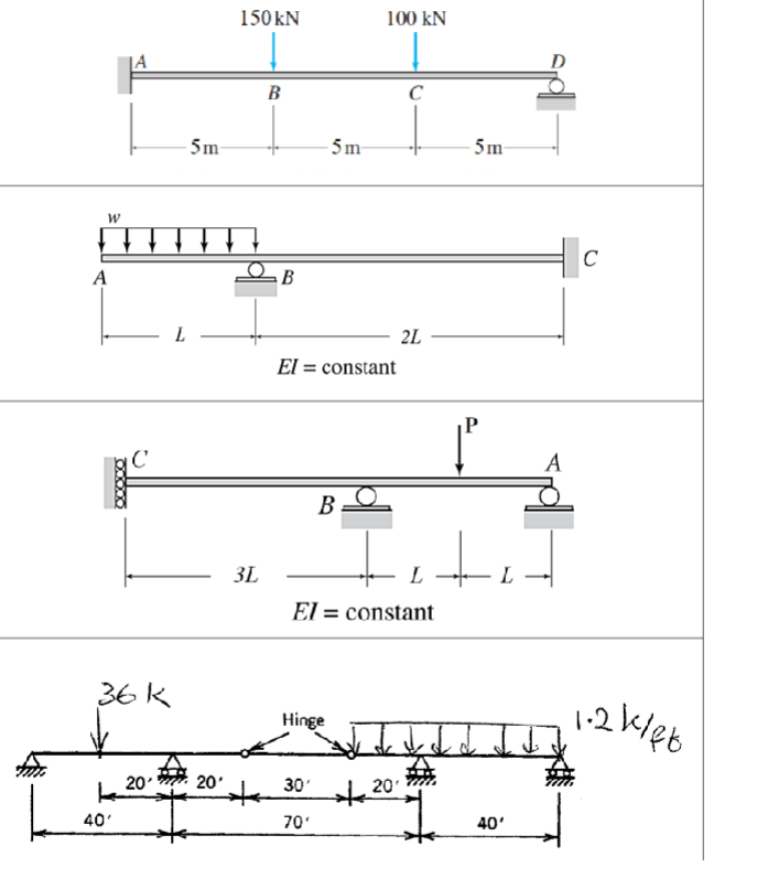 W
A
oxxxx
40'
36k
L
20'
5m-
20'
150 kN
B
OB
3L
-5m-
El = constant
BO
Hinge
30'
70'
100 KN
k
L
El = constant
C
2L
20.
5m-
te
L
JJ
40'
C
1.2k/et