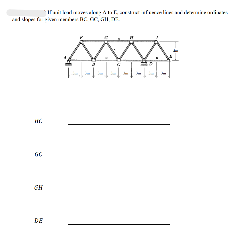 If unit load moves along A to E, construct influence lines and determine ordinates
and slopes for given members BC, GC, GH, DE.
BC
GC
GH
DE
A
F
B
3m 3m 3m
G
3m
C
3m
H
CHI
3m
D
3m 3m
4m
EL