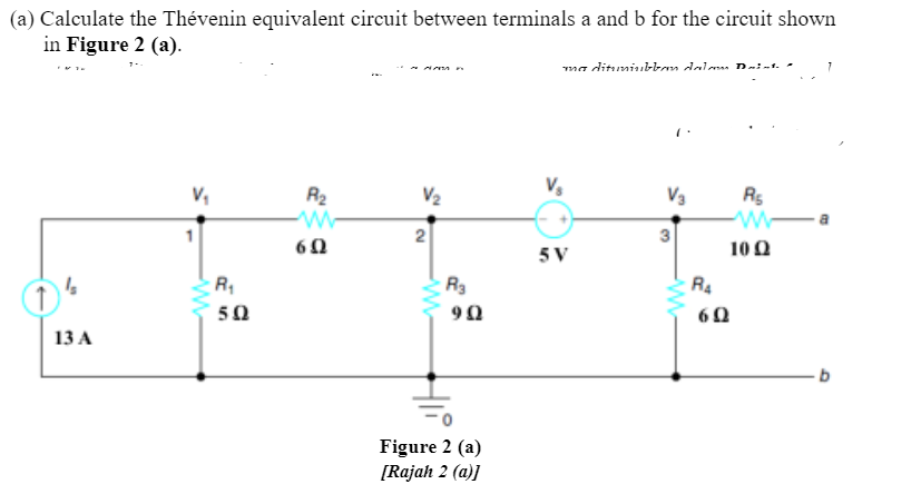 (a) Calculate the Thévenin equivalent circuit between terminals a and b for the circuit shown
in Figure 2 (a).
ma dituniukban dalam Dnint. -
7
V,
R2
V2
V3
R5
1
2
60
5V
100
R,
R3
R4
50
60
13 A
Figure 2 (a)
[Rajah 2 (a)]
