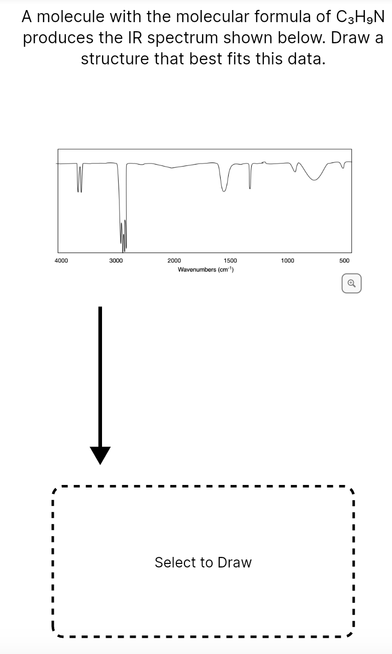 A molecule with the molecular formula of C3H,N
produces the IR spectrum shown below. Draw a
structure that best fits this data.
4000
3000
2000
1500
1000
500
Wavenumbers (cm-1)
Select to Draw
