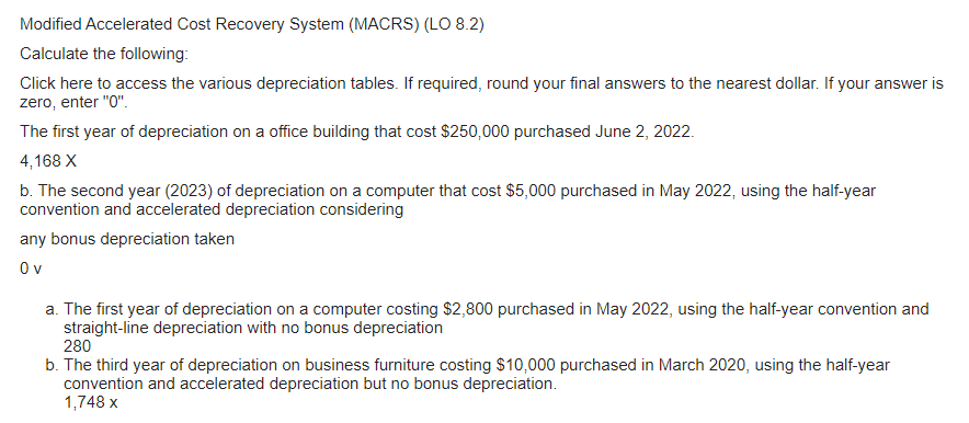 Modified Accelerated Cost Recovery System (MACRS) (LO 8.2)
Calculate the following:
Click here to access the various depreciation tables. If required, round your final answers to the nearest dollar. If your answer is
zero, enter "0".
The first year of depreciation on a office building that cost $250,000 purchased June 2, 2022.
4,168 X
b. The second year (2023) of depreciation on a computer that cost $5,000 purchased in May 2022, using the half-year
convention and accelerated depreciation considering
any bonus depreciation taken
Ov
a. The first year of depreciation on a computer costing $2,800 purchased in May 2022, using the half-year convention and
straight-line depreciation with no bonus depreciation
280
b. The third year of depreciation on business furniture costing $10,000 purchased in March 2020, using the half-year
convention and accelerated depreciation but no bonus depreciation.
1,748 x